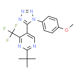 ChemSpider 2D Image | 5-[1-(4-Methoxyphenyl)-1H-tetrazol-5-yl]-2-(2-methyl-2-propanyl)-4-(trifluoromethyl)pyrimidine | C17H17F3N6O