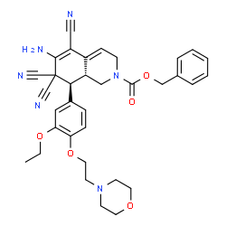 ChemSpider 2D Image | Benzyl (8S,8aR)-6-amino-5,7,7-tricyano-8-{3-ethoxy-4-[2-(4-morpholinyl)ethoxy]phenyl}-3,7,8,8a-tetrahydro-2(1H)-isoquinolinecarboxylate | C34H36N6O5