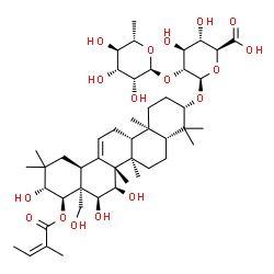 ChemSpider 2D Image | (3beta,15alpha,16alpha,21beta,22alpha)-15,16,21,28-Tetrahydroxy-22-{[(2Z)-2-methyl-2-butenoyl]oxy}olean-12-en-3-yl 2-O-(6-deoxy-alpha-L-mannopyranosyl)-beta-D-glucopyranosiduronic acid | C47H74O17