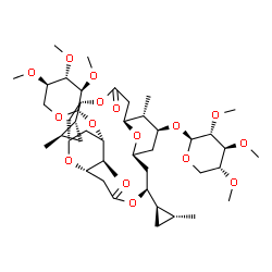 ChemSpider 2D Image | (1S,3S,7S,8S,9S,11S,13S,17S,18S,19S)-8,18-Dimethyl-3,13-bis[(1R,2R)-2-methylcyclopropyl]-5,15-dioxo-19-[(2,3,4-tri-O-methyl-beta-D-xylopyranosyl)oxy]-4,14,21,22-tetraoxatricyclo[15.3.1.1~7,11~]docos-9
-yl 2,3,4-tri-O-methyl-beta-D-xylopyranoside | C44H72O16