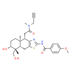 ChemSpider 2D Image | N-[(4S,4aR,7R,8R,8aS)-7-Hydroxy-8-(hydroxymethyl)-4a,8-dimethyl-4-{2-[methyl(2-propyn-1-yl)amino]-2-oxoethyl}-4,4a,5,6,7,8,8a,9-octahydronaphtho[2,3-d][1,3]thiazol-2-yl]-4-methoxybenzamide | C28H35N3O5S
