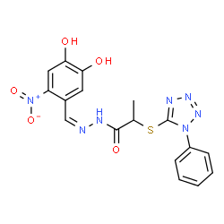 ChemSpider 2D Image | N'-[(Z)-(4,5-Dihydroxy-2-nitrophenyl)methylene]-2-[(1-phenyl-1H-tetrazol-5-yl)sulfanyl]propanehydrazide | C17H15N7O5S