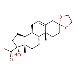 ChemSpider 2D Image | 1-[(8S,9R,10R,13S,14S,17R)-17-Hydroxy-10,13-dimethyl-1,2,4,7,8,9,10,11,12,13,14,15,16,17-tetradecahydrospiro[cyclopenta[a]phenanthrene-3,2'-[1,3]dioxolan]-17-yl]ethanone | C23H34O4