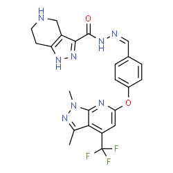ChemSpider 2D Image | N'-[(Z)-(4-{[1,3-Dimethyl-4-(trifluoromethyl)-1H-pyrazolo[3,4-b]pyridin-6-yl]oxy}phenyl)methylene]-4,5,6,7-tetrahydro-1H-pyrazolo[4,3-c]pyridine-3-carbohydrazide | C23H21F3N8O2