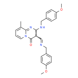 ChemSpider 2D Image | 2-[(4-Methoxybenzyl)amino]-3-{(E)-[(4-methoxybenzyl)imino]methyl}-9-methyl-4H-pyrido[1,2-a]pyrimidin-4-one | C26H26N4O3