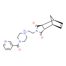 ChemSpider 2D Image | 1-{2-[(1S,2S,6S,7S)-3,5-Dioxo-4-azatricyclo[5.2.1.0~2,6~]dec-8-en-4-yl]ethyl}-4-(3-pyridinylcarbonyl)piperazin-1-ium | C21H25N4O3