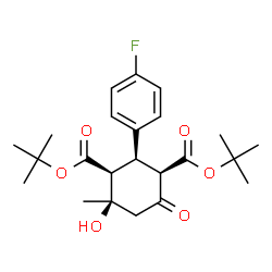 ChemSpider 2D Image | Bis(2-methyl-2-propanyl) (1R,2R,3S,4R)-2-(4-fluorophenyl)-4-hydroxy-4-methyl-6-oxo-1,3-cyclohexanedicarboxylate | C23H31FO6