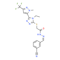 ChemSpider 2D Image | N'-[(Z)-(3-Cyanophenyl)methylene]-2-({4-ethyl-5-[1-methyl-3-(trifluoromethyl)-1H-pyrazol-5-yl]-4H-1,2,4-triazol-3-yl}sulfanyl)acetohydrazide | C19H17F3N8OS