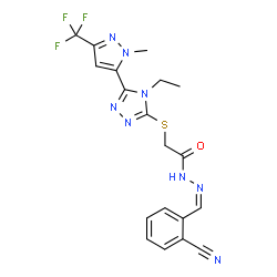 ChemSpider 2D Image | N'-[(Z)-(2-Cyanophenyl)methylene]-2-({4-ethyl-5-[1-methyl-3-(trifluoromethyl)-1H-pyrazol-5-yl]-4H-1,2,4-triazol-3-yl}sulfanyl)acetohydrazide | C19H17F3N8OS