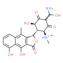 ChemSpider 2D Image | (1S,5R,6S)-3-[Amino(hydroxy)methylene]-6-[(1S)-4,5-dihydroxy-9-methyl-3-oxo-1,3-dihydronaphtho[2,3-c]furan-1-yl]-5-hydroxy-N,N-dimethyl-2,4-dioxocyclohexanaminium | C22H23N2O8