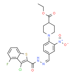 ChemSpider 2D Image | Ethyl 1-{4-[(Z)-{[(3-chloro-4-fluoro-1-benzothiophen-2-yl)carbonyl]hydrazono}methyl]-2-nitrophenyl}-4-piperidinecarboxylate | C24H22ClFN4O5S