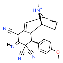 ChemSpider 2D Image | (1S,2R,3R,5E,9R)-4,4,6-Tricyano-5-imino-3-(4-methoxyphenyl)-12-methyl-12-azoniatricyclo[7.2.1.0~2,7~]dodec-7-ene | C22H22N5O