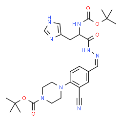 ChemSpider 2D Image | 2-Methyl-2-propanyl 4-{2-cyano-4-[(Z)-{[3-(1H-imidazol-4-yl)-2-({[(2-methyl-2-propanyl)oxy]carbonyl}amino)propanoyl]hydrazono}methyl]phenyl}-1-piperazinecarboxylate (non-preferred name) | C28H38N8O5