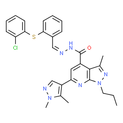 ChemSpider 2D Image | N'-[(Z)-{2-[(2-Chlorophenyl)sulfanyl]phenyl}methylene]-6-(1,5-dimethyl-1H-pyrazol-4-yl)-3-methyl-1-propyl-1H-pyrazolo[3,4-b]pyridine-4-carbohydrazide | C29H28ClN7OS