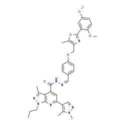 ChemSpider 2D Image | N'-[(Z)-(4-{[2-(2,5-Dimethoxyphenyl)-5-methyl-1,3-oxazol-4-yl]methoxy}phenyl)methylene]-6-(1,5-dimethyl-1H-pyrazol-4-yl)-3-methyl-1-propyl-1H-pyrazolo[3,4-b]pyridine-4-carbohydrazide | C36H38N8O5