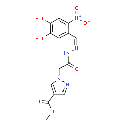 ChemSpider 2D Image | Methyl 1-{2-[(2Z)-2-(4,5-dihydroxy-2-nitrobenzylidene)hydrazino]-2-oxoethyl}-1H-pyrazole-4-carboxylate | C14H13N5O7