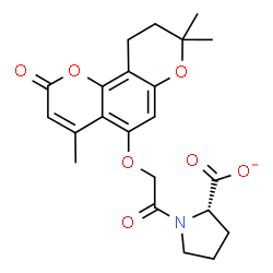 ChemSpider 2D Image | (2S)-1-{[(4,8,8-Trimethyl-2-oxo-9,10-dihydro-2H,8H-pyrano[2,3-f]chromen-5-yl)oxy]acetyl}-2-pyrrolidinecarboxylate | C22H24NO7