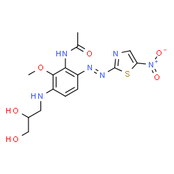 ChemSpider 2D Image | N-[3-[(2,3-Dihydroxypropyl)amino]-2-methoxy-6-[2-(5-nitro-2-thiazolyl)diazenyl]phenyl]acetamide | C15H18N6O6S