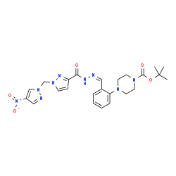 ChemSpider 2D Image | 2-Methyl-2-propanyl 4-(2-{(Z)-[({1-[(4-nitro-1H-pyrazol-1-yl)methyl]-1H-pyrazol-3-yl}carbonyl)hydrazono]methyl}phenyl)-1-piperazinecarboxylate | C24H29N9O5