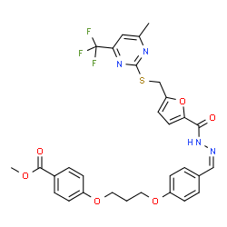 ChemSpider 2D Image | Methyl 4-(3-{4-[(Z)-{[5-({[4-methyl-6-(trifluoromethyl)-2-pyrimidinyl]sulfanyl}methyl)-2-furoyl]hydrazono}methyl]phenoxy}propoxy)benzoate | C30H27F3N4O6S