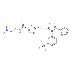 ChemSpider 2D Image | N-[2-(Dimethylamino)ethyl]-2-[({5-(2-furyl)-4-[3-(trifluoromethyl)phenyl]-4H-1,2,4-triazol-3-yl}sulfanyl)methyl]-1,3-oxazole-4-carboxamide | C22H21F3N6O3S