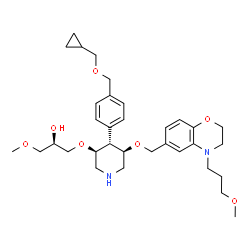 ChemSpider 2D Image | (2R)-1-{[(3S,4R,5R)-4-{4-[(Cyclopropylmethoxy)methyl]phenyl}-5-{[4-(3-methoxypropyl)-3,4-dihydro-2H-1,4-benzoxazin-6-yl]methoxy}-3-piperidinyl]oxy}-3-methoxy-2-propanol | C33H48N2O7