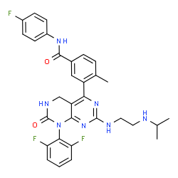 ChemSpider 2D Image | 3-[8-(2,6-Difluorophenyl)-2-{[2-(isopropylamino)ethyl]amino}-7-oxo-5,6,7,8-tetrahydropyrimido[4,5-d]pyrimidin-4-yl]-N-(4-fluorophenyl)-4-methylbenzamide | C31H30F3N7O2