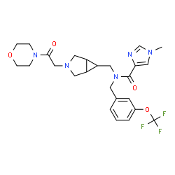 ChemSpider 2D Image | 1-Methyl-N-({3-[2-(4-morpholinyl)-2-oxoethyl]-3-azabicyclo[3.1.0]hex-6-yl}methyl)-N-[3-(trifluoromethoxy)benzyl]-1H-imidazole-4-carboxamide | C25H30F3N5O4