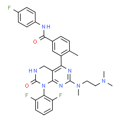 ChemSpider 2D Image | 3-[8-(2,6-Difluorophenyl)-2-{[2-(dimethylamino)ethyl](methyl)amino}-7-oxo-5,6,7,8-tetrahydropyrimido[4,5-d]pyrimidin-4-yl]-N-(4-fluorophenyl)-4-methylbenzamide | C31H30F3N7O2