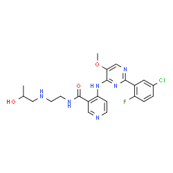 ChemSpider 2D Image | 4-{[2-(5-Chloro-2-fluorophenyl)-5-methoxy-4-pyrimidinyl]amino}-N-{2-[(2-hydroxypropyl)amino]ethyl}nicotinamide | C22H24ClFN6O3