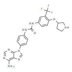 ChemSpider 2D Image | 1-[4-(6-Amino-9H-purin-9-yl)phenyl]-3-[4-(3-pyrrolidinyloxy)-3-(trifluoromethyl)phenyl]urea | C23H21F3N8O2