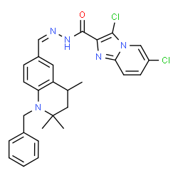 ChemSpider 2D Image | N'-[(Z)-(1-Benzyl-2,2,4-trimethyl-1,2,3,4-tetrahydro-6-quinolinyl)methylene]-3,6-dichloroimidazo[1,2-a]pyridine-2-carbohydrazide | C28H27Cl2N5O