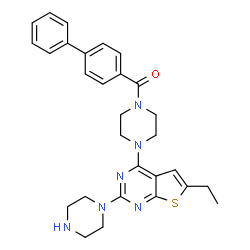 ChemSpider 2D Image | 4-Biphenylyl{4-[6-ethyl-2-(1-piperazinyl)thieno[2,3-d]pyrimidin-4-yl]-1-piperazinyl}methanone | C29H32N6OS