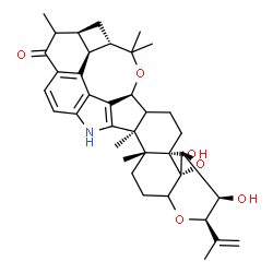 ChemSpider 2D Image | (2R,3S,3aS,4aS,4bS,7S,7dS,8S,9aS,14bS,14cR)-3,4b-Dihydroxy-2-isopropenyl-10,14b,14c,17,17-pentamethyl-3,3a,5,6,6a,7d,8,9,9a,10,14,14b,14c,15,16,16a-hexadecahydro-2H,4bH-7,8-(epoxymethano)cyclobuta[5,6
]benzo[1,2-e]oxireno[4',4a']chromeno[5',6':6,7]indeno[1,2-b]indol-11(7H)-one | C37H45NO6