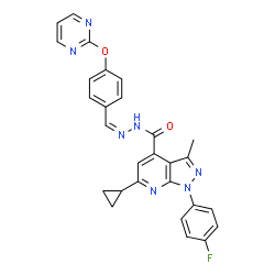 ChemSpider 2D Image | 6-Cyclopropyl-1-(4-fluorophenyl)-3-methyl-N'-{(Z)-[4-(2-pyrimidinyloxy)phenyl]methylene}-1H-pyrazolo[3,4-b]pyridine-4-carbohydrazide | C28H22FN7O2