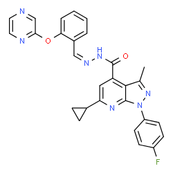 ChemSpider 2D Image | 6-Cyclopropyl-1-(4-fluorophenyl)-3-methyl-N'-{(Z)-[2-(2-pyrazinyloxy)phenyl]methylene}-1H-pyrazolo[3,4-b]pyridine-4-carbohydrazide | C28H22FN7O2
