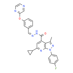 ChemSpider 2D Image | 6-Cyclopropyl-1-(4-fluorophenyl)-3-methyl-N'-{(Z)-[3-(2-pyrazinyloxy)phenyl]methylene}-1H-pyrazolo[3,4-b]pyridine-4-carbohydrazide | C28H22FN7O2