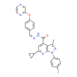 ChemSpider 2D Image | 6-Cyclopropyl-1-(4-fluorophenyl)-3-methyl-N'-{(Z)-[4-(2-pyrazinyloxy)phenyl]methylene}-1H-pyrazolo[3,4-b]pyridine-4-carbohydrazide | C28H22FN7O2