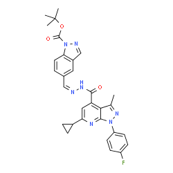 ChemSpider 2D Image | 2-Methyl-2-propanyl 5-[(Z)-({[6-cyclopropyl-1-(4-fluorophenyl)-3-methyl-1H-pyrazolo[3,4-b]pyridin-4-yl]carbonyl}hydrazono)methyl]-1H-indazole-1-carboxylate | C30H28FN7O3