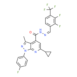 ChemSpider 2D Image | 6-Cyclopropyl-N'-{(Z)-[2,3-difluoro-4-(trifluoromethyl)phenyl]methylene}-1-(4-fluorophenyl)-3-methyl-1H-pyrazolo[3,4-b]pyridine-4-carbohydrazide | C25H17F6N5O