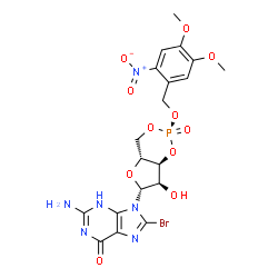 ChemSpider 2D Image | 2-Amino-8-bromo-9-{(2R,4aR,6R,7R,7aS)-2-[(4,5-dimethoxy-2-nitrobenzyl)oxy]-7-hydroxy-2-oxidotetrahydro-4H-furo[3,2-d][1,3,2]dioxaphosphinin-6-yl}-3,9-dihydro-6H-purin-6-one | C19H20BrN6O11P