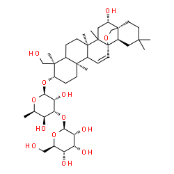 ChemSpider 2D Image | (3beta,5xi,9xi,13alpha,14xi,16beta,17alpha)-16,23-Dihydroxy-13,28-epoxyolean-11-en-3-yl 3-O-beta-D-allopyranosyl-6-deoxy-beta-D-gulopyranoside | C42H68O13