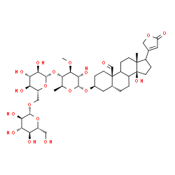 ChemSpider 2D Image | (3beta,5beta,8xi,9xi,17xi)-3-{[beta-D-Glucopyranosyl-(1->6)-beta-D-glucopyranosyl-(1->4)-6-deoxy-3-O-methyl-alpha-L-glucopyranosyl]oxy}-14-hydroxy-19-oxocard-20(22)-enolide | C42H64O19