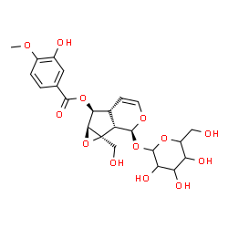 ChemSpider 2D Image | (1aS,1bS,2S,5aR,6S,6aS)-2-(Hexopyranosyloxy)-1a-(hydroxymethyl)-1a,1b,2,5a,6,6a-hexahydrooxireno[4,5]cyclopenta[1,2-c]pyran-6-yl 3-hydroxy-4-methoxybenzoate | C23H28O13