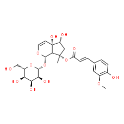 ChemSpider 2D Image | (1S,4aS,5R,7S)-1-(beta-L-Allopyranosyloxy)-4a,5-dihydroxy-7-methyl-1,4a,5,6,7,7a-hexahydrocyclopenta[c]pyran-7-yl (2E)-3-(4-hydroxy-3-methoxyphenyl)acrylate | C25H32O13