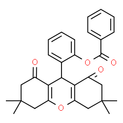 ChemSpider 2D Image | 2-(3,3,6,6-Tetramethyl-1,8-dioxo-2,3,4,5,6,7,8,9-octahydro-1H-xanthen-9-yl)phenyl benzoate | C30H30O5