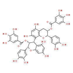 ChemSpider 2D Image | (2R,2'S,3R,3'S,4S)-2,2'-Bis(3,4-dihydroxyphenyl)-5,5',7,7'-tetrahydroxy-3,3',4,4'-tetrahydro-2H,2'H-4,8'-bichromene-3,3'-diyl bis(3,4,5-trihydroxybenzoate) | C44H34O20