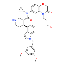 ChemSpider 2D Image | (3R,4S)-N-Cyclopropyl-4-[1-(3,5-dimethoxybenzyl)-1H-indol-4-yl]-N-[4-(3-methoxypropyl)-3-oxo-3,4-dihydro-2H-1,4-benzoxazin-6-yl]-3-piperidinecarboxamide | C38H44N4O6