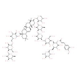 ChemSpider 2D Image | [(2S,3R,4S,5S,6R)-6-[[(2R,3R,4R,5S,6R)-3,4-dihydroxy-6-(hydroxymethyl)-5-[(2R,3R,4R,5R,6S)-3,4,5-trihydroxy-6-methyl-tetrahydropyran-2-yl]oxy-tetrahydropyran-2-yl]oxymethyl]-3,4,5-trihydroxy-tetrahydropyran-2-yl] (4aS,6aR,6aS,6bR,8aR,10S,12aR,14bS)-10-[(2S,3R,4S,5S)-3-[(2S,3R,4R,5S,6S)-4-[(2S,3R,4S,5R)-5-[(2R,3R,4R,5S,6R)-5-[(2S,3R,4S,5S,6R)-4,5-dihydroxy-3-[(E)-3-(3-hydroxy-4-methoxy-phenyl)prop-2-enoyl]oxy-6-[[(2R,3R,4R,5R,6S)-3,4,5-trihydroxy-6-methyl-tetrahydropyran-2-yl]oxymethyl]tetrahydropyran-2-yl]oxy-3,4-dihydroxy-6-(hydroxymethyl)tetrahydropyran-2-yl]oxy-3,4-dihydroxy-tetrahydropyran-2-yl]oxy-3,5-dihydroxy-6-methyl-tetrahydropyran-2-yl]oxy-4,5-dihydroxy-tetrahydropyran-2-yl]oxy-2,2,6a,6b,9,9,12a-heptamethyl-1,3,4,5,6,6a,7,8,8a,10,11,12,13,14b-tetradecahydropicene-4a-carboxylate | C92H142O46