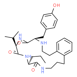 ChemSpider 2D Image | (4R,7R,10S)-4-(4-Hydroxybenzyl)-7-isopropyl-10-propyl-3,4,6,7,9,10,12,13,14,15-decahydro-1H-3,6,9,12-benzotetraazacycloheptadecine-5,8,11(2H)-trione | C30H42N4O4
